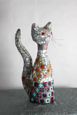 "Cat Statue Mosaic on Paper Mache' Form" by Christina Colwell