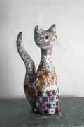 Cat Statue Mosaic on Paper Mache' Form by Christina Colwell