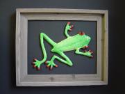 frog framed in barnboard by Andrea Charendoff