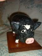 Piggy "Patches" On wooden Base by Carolyn Bispels