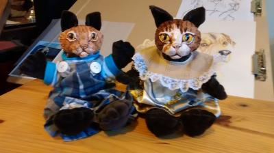 "paper clay cat heads with cloth bodies" by Marilyn Kalbhenn